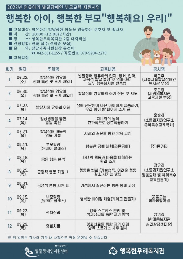 2022년 행복한우리복지관 영유아기 발달장애인 부모교육지원사업 참여자 모집 대문사진
